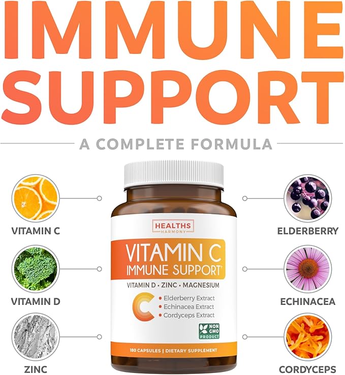 Vitamin C Immune Support Supplement - Immunity Boost Blend with Elderberry Vitamin C and Zinc for Daily & Seasonal Support - Immunity Supplement with Magnesium Zinc Vitamin C and D (3 Months Supply)