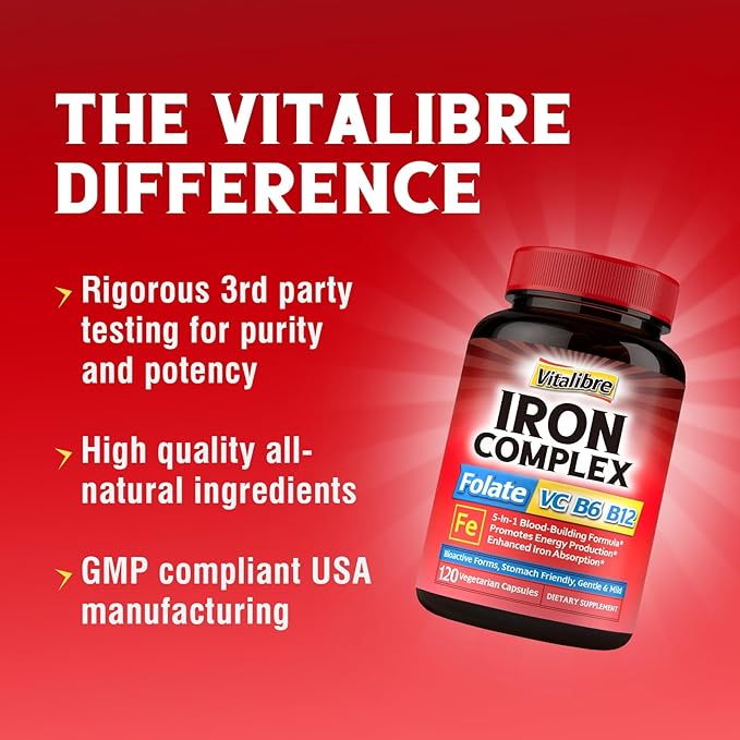 Iron Supplement for Women & Men, with Vitamins C, B6, B12 & Folate for Iron Deficiency, Blood Building & Energy Support, Stomach Friendly, Better Absorption, Non-GMO,No Gluten,120 Vegan Caps