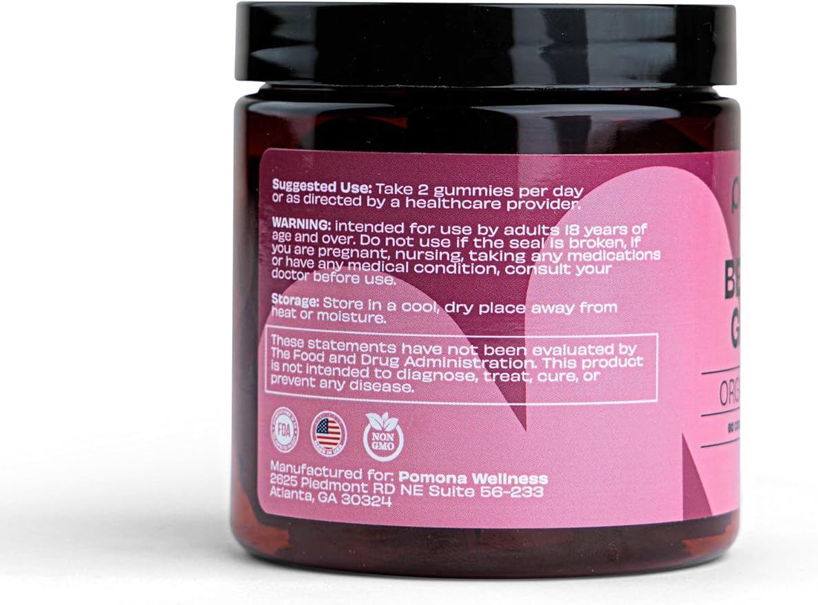 Pomona Wellness Organic Potent Beetroot Powder Gummies 1000mg – Sugar Free, Nitric Oxide Supplement - Natural Strawberry and Apple Flavor, Vegan, 60 Count