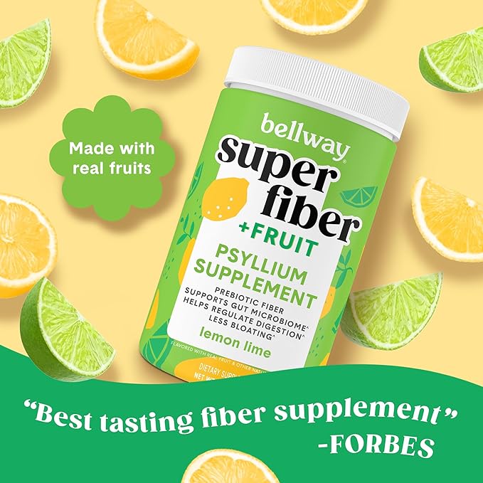 Bellway Super Fiber Powder + Fruit (3 Pack), Sugar Free Organic Psyllium Husk Powder Fiber Supplement for Regularity, Bloating Relief & Gut Health, Non-GMO, Plant-Based, Lemon Lime (150 Servings)