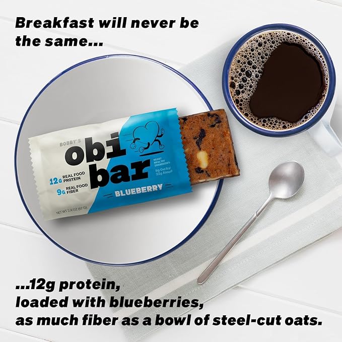 Obi Bar Blueberry - Protein and Oat Fiber Bar | All Natural | Meal Bar | Heart and Gut Health | Lightly Sweet | Natural Blueberries | Almond Chunks | Soy Free, Dairy Free | Breakfast Bar