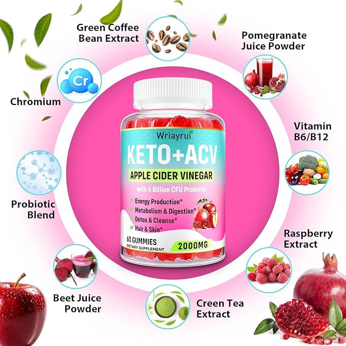 Apple Cider Vinegar Gummies, Fast Ripped Keto ACV Gummies, Max Strength 2000mg, Formulated with Green Tea, B6 & B12, Probiotics, ACV Gummies for Metabolism, Digestion, Detox & Cleanse, 120 Gummies