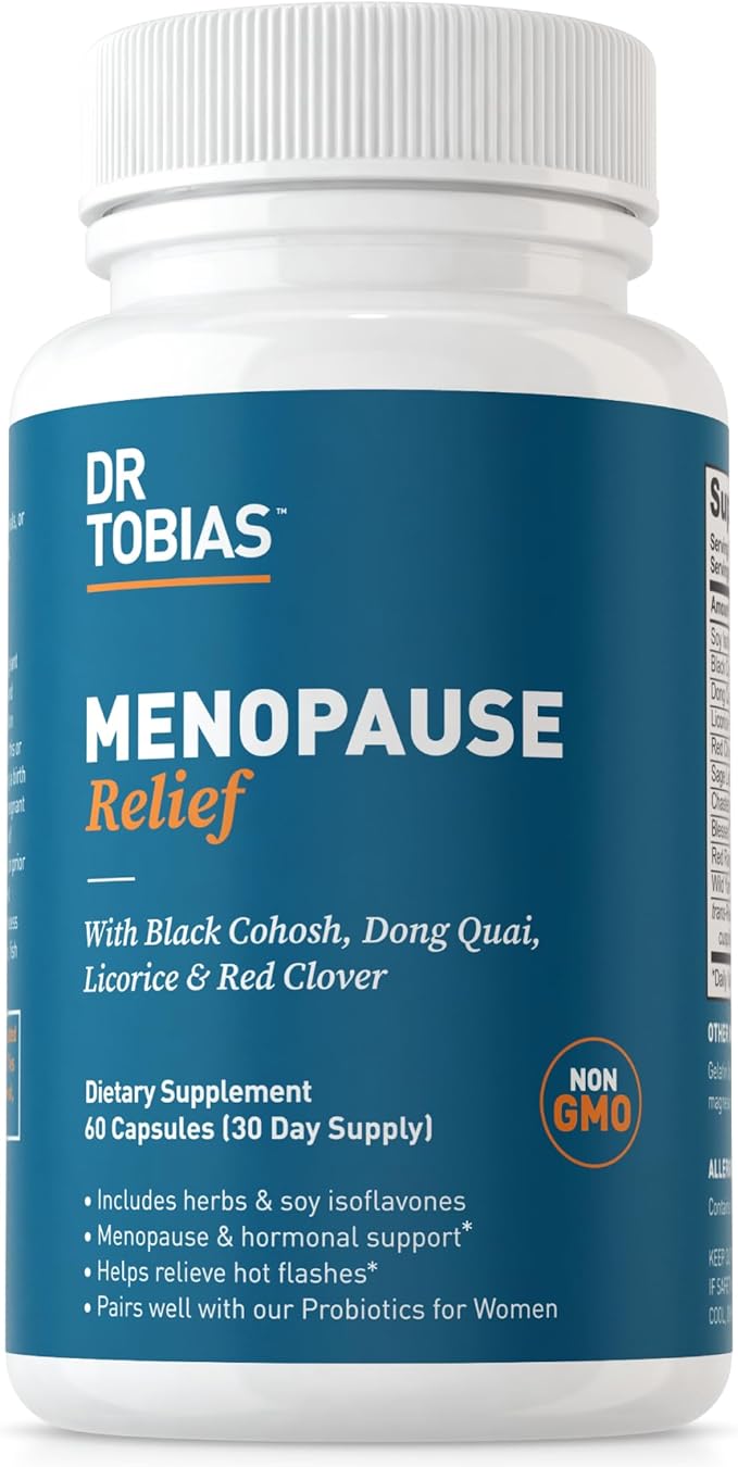 Dr. Tobias Menopause Relief Supplement with Black Cohosh, Soy Isoflavones, and Don Quai, Hot Flash Relief & Night Sweats Relief for Women, Non-GMO, 60 Capsules, 30 Servings
