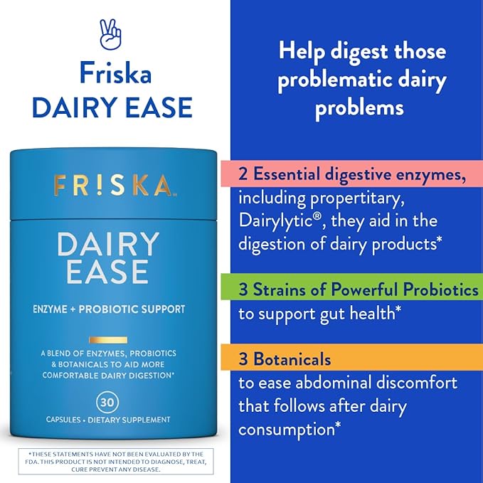 FRISKA Dairy Ease | Digestive Enzymes and Probiotics Supplement | Promotes Better Digestion | Natural Lactose Intolerance Relief & Support | 30 Capsules