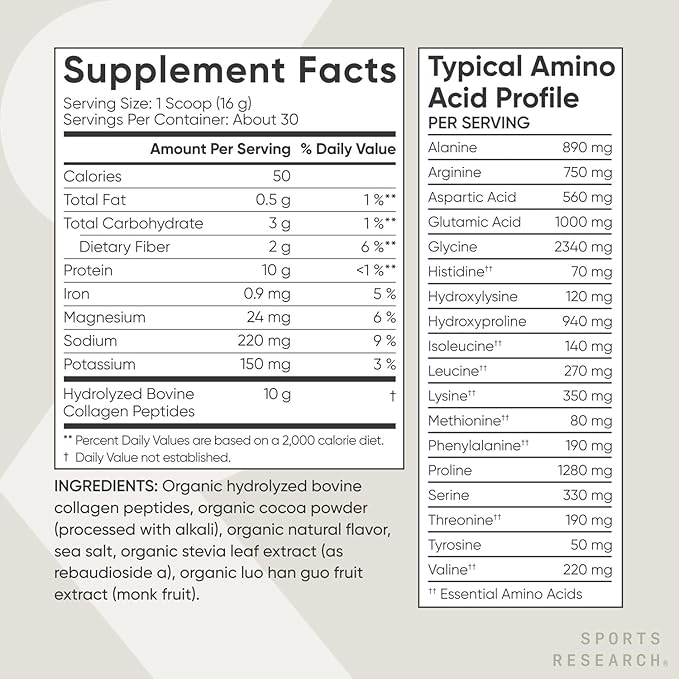 Sports Research Organic Collagen Powder - Hydrolyzed Type I & III Collagen Protein - USDA Organic, Gluten Free, Sustainably Sourced - Dark Chocolate - 30 Servings