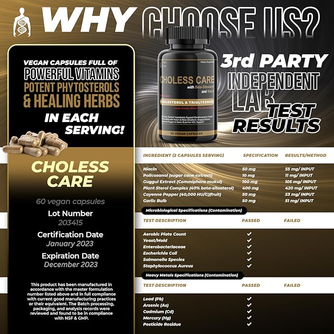 Cholesterol Supplement - Triglycerides Support Capsules w. Organic, Odorless Garlic, Cayenne Pepper, Plant Sterols to Support Normal HDL and LDL Cholesterol Levels w. Antioxidant Niacin (Vitamin B3)