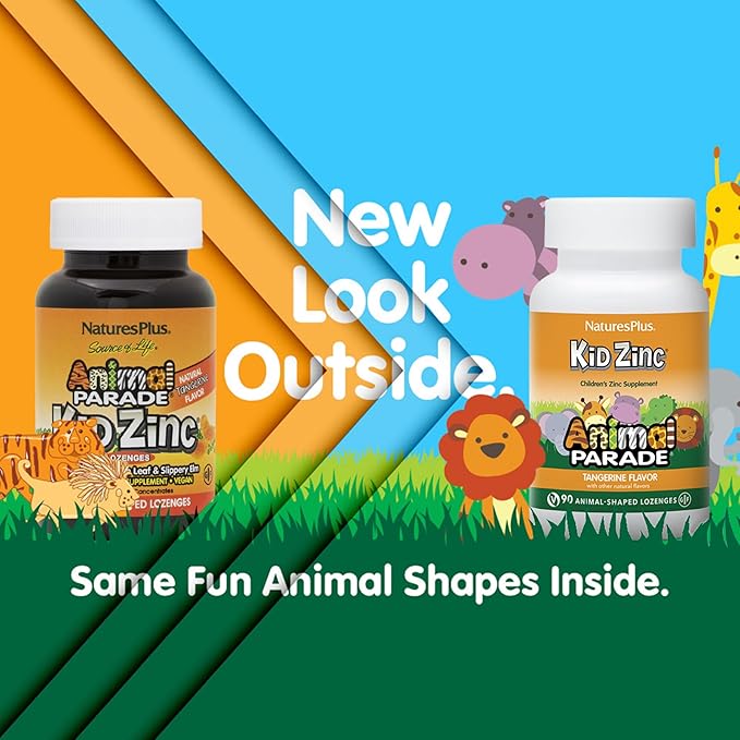 NaturesPlus Animal Parade KidZinc, Tangerine Flavor - 90 Animal-Shaped Lozenges - Organically Chelated Zinc - Vegan, Gluten Free - 90 Servings