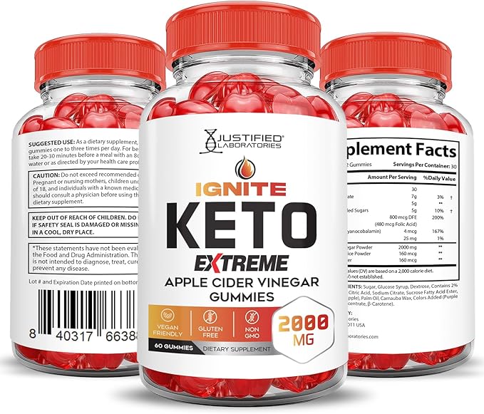 (3 Pack) Ignite Keto ACV Gummies Extreme 2000MG Advanced Ignite Keto Gummies Apple Cider Vinegar Formulated with Pomegranate Beet Juice Powder B12 Vegan Non GMO 180 Gummys