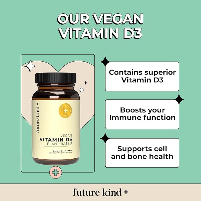 Future Kind Vegan Vitamin D3 (30 Softgels in Glass Bottle) - 2500 IU Plant-Based Vitamin D Supplements for Cell and Immune Support - Sugar-Free, Lichen-Based Vitamin D Supplements for Women & Men