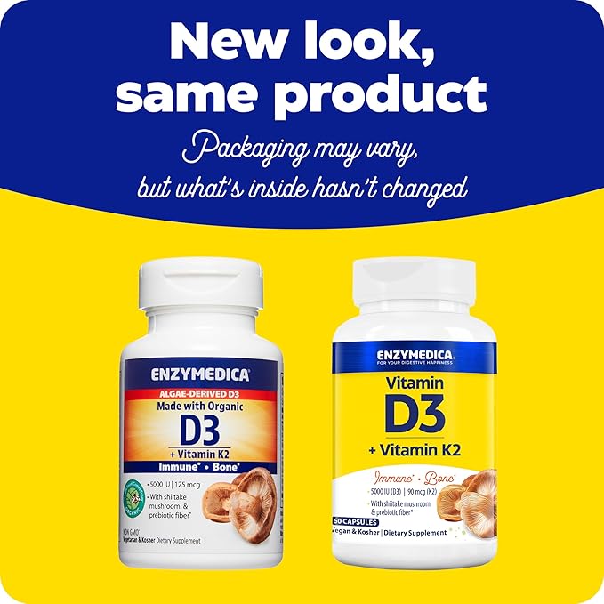 Enzymedica, Organic Vitamin D3+K2, 5,000 IU VIT D3 & 90 mcg VIT K2 MK-7, with Shitake Mushrooms & Prebiotic Fiber, Vegan, 60 Count