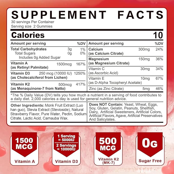 Vitamin A D3 K2 Gummies 5000IU / 10,000 IU D3 with Calcium Magnesium Zinc, ADK 10 Vitamin Supplement K2 MK-7 500mcg for Calcium Absorption, Increase Bone Density, Muscle, Teeth, Immune Health, 2Packs