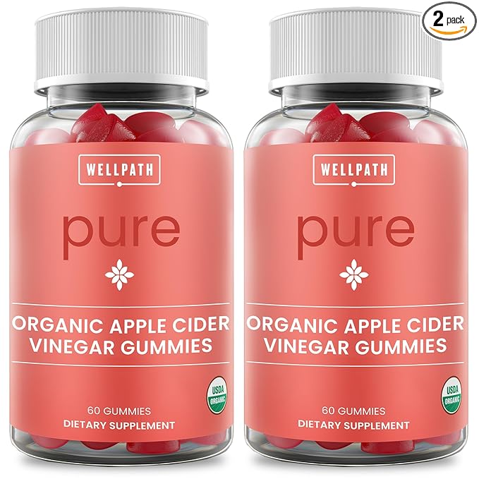 WellPath Pure ACV Apple Cider Vinegar Gummies (2 Pack) with The Mother - USDA Organic Gummy - Raw Apple Cider Vinegar with Mother Supplements - ACV Gummies - 120 Ct