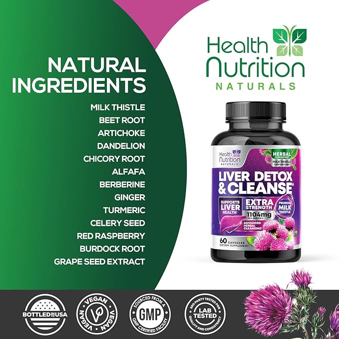 Gentle Liver Cleanse Detox & Repair Formula - Herbal Liver Support Supplement: Milk Thistle with Silymarin, Artichoke Extract, Dandelion, Beet, Chicory Root, & Turmeric for Liver Health - 60 Capsules
