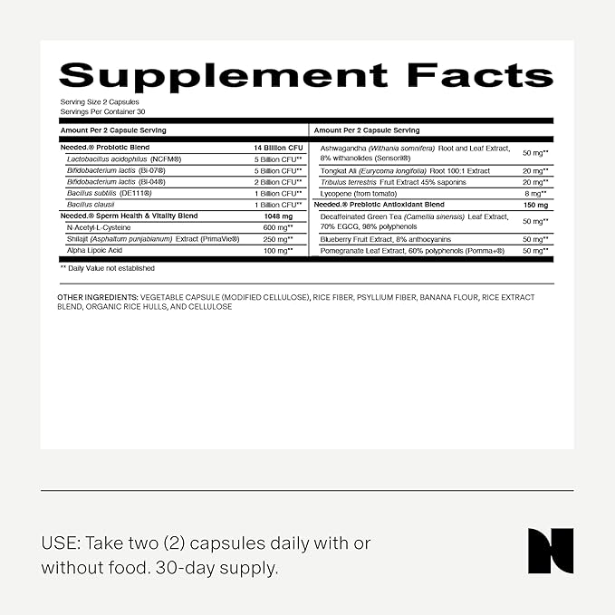 Needed. Sperm Support - Fertility Supplements for Men - Clinically Studied Botanical Ingredients for A Whole Body Approach to Male Fertility - Prenatal Vitamins - 120 Capsules, 30 Day Supply