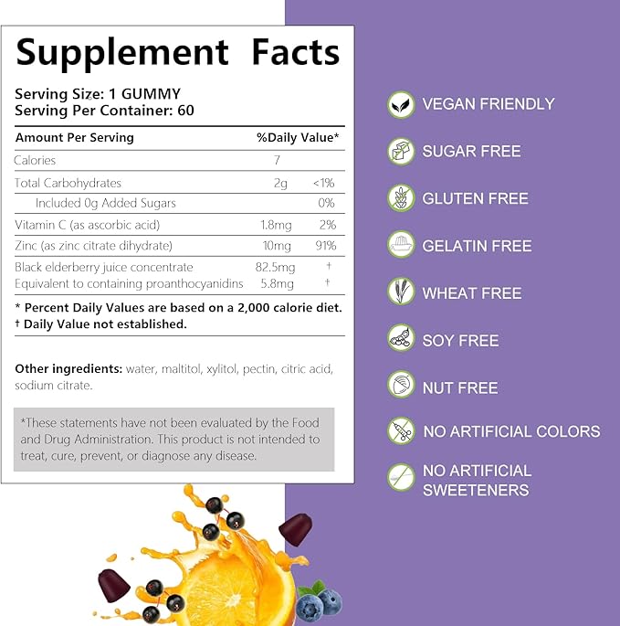 AFXMATE Sambucus Elderberry Gummies, Black Elderberry Gummy with Zinc and Vitamin C for Adults, Sugar Free Kids Multivitamin Gummies, Immune Support* Supplement, 120 Gummies (2 Pack)