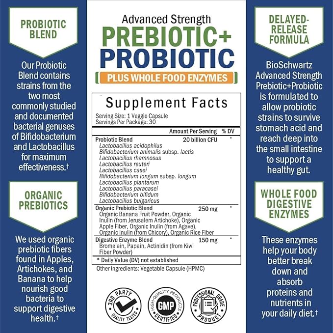 Prebiotics and Probiotic with Whole Food Enzymes for Adults Women & Men - Probiotics Lactobacillus Acidophilus - Digestive Health Capsules Shelf Stable Supplement - Non-GMO Gluten & Dairy Free -30ct