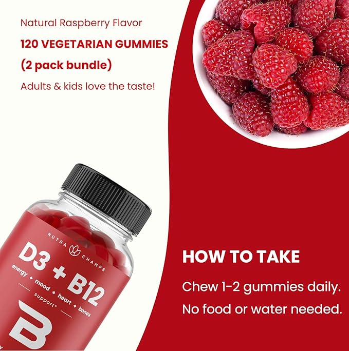 Vitamin D3 & Vitamin B12 | Methyl B12 Gummies for Adults & Kids | Enhanced with Vitamin D 3 & B9 Vitamin Folate | Natural Energy, Mood, Metabolism & Focus | Raspberry | 120 Gummies (2 Pack)