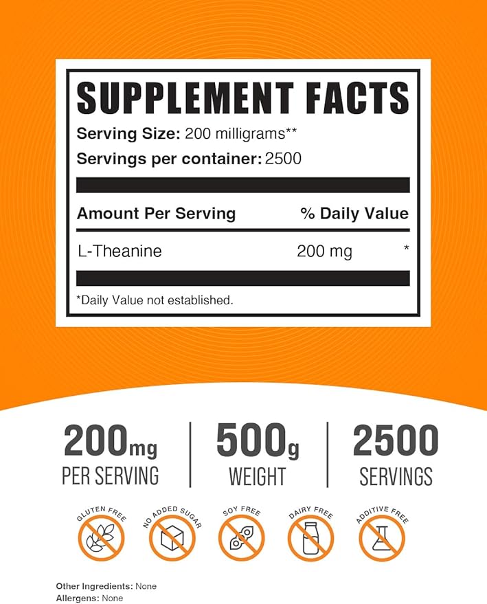 BulkSupplements.com L-Theanine Powder - L-Theanine Supplement, L-Theanine 200mg - Amino Amino Supplement, Pure & Gluten Free, 200mg per Serving, 500g (1.1 lbs) (Pack of 1)