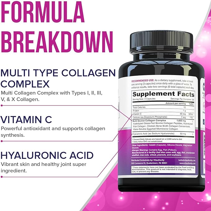 Vitauthority Multi Collagen Pills for Women and Men High Absorption Hydrolyzed Collagen Peptides Capsules for Hair Skin and Nails with Types I II III V X Hyaluronic Acid and Vitamin C - 30 Servings