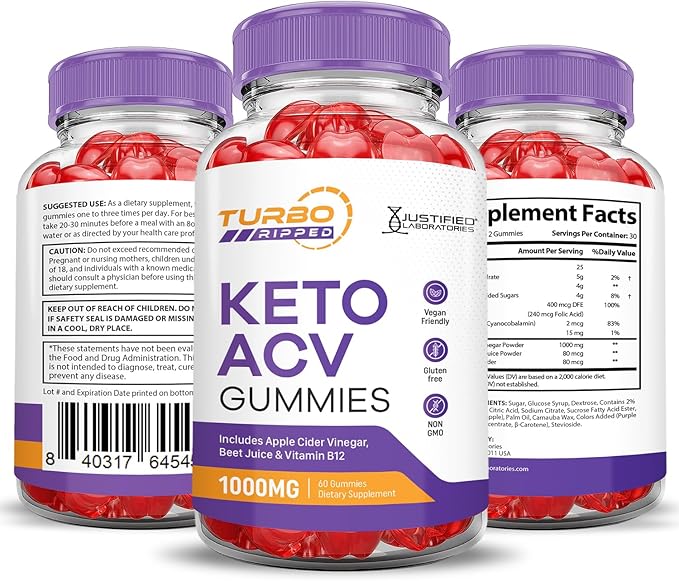 (5 Pack) Turbo Ripped Keto ACV Gummies Advanced Formula 1000MG Turbo Ripped Keto Gummies Apple Cider Vinegar Formulated with Pomegranate Beet Juice Powder B12 Vegan Non GMO 300 Gummys