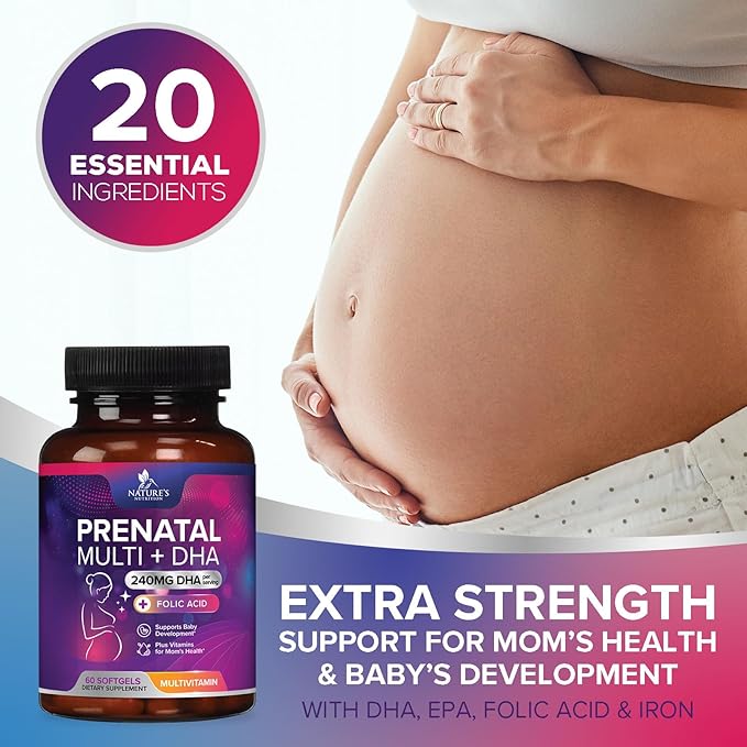 Women's Prenatal Multivitamin with Folic Acid + DHA, Prenatal Vitamin Supplement for Fetal Support w/Folate, Omega 3, Vitamins D3, B6, B12 & Iron, Pregnancy Prenatal DHA, Non-GMO - 60 Softgels