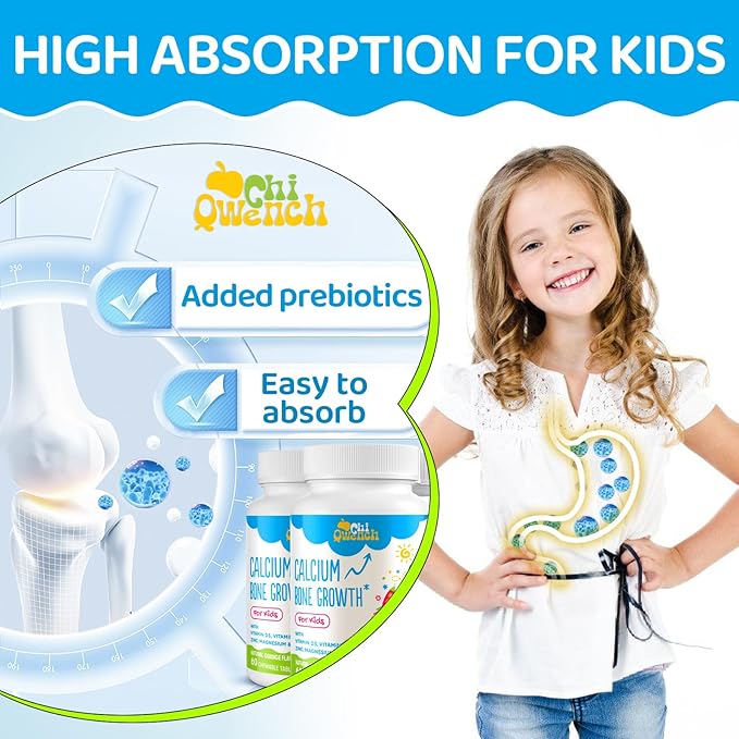 500 MG Calcium Supplement with Vitamin D3 & K2, Zinc, Magnesium & Prebiotics. Kids Vitamins for Kids' Height. Bone Strength, High Absorption, Orange Chewables, Non-GMO, Gluten Free, 120 Tabs