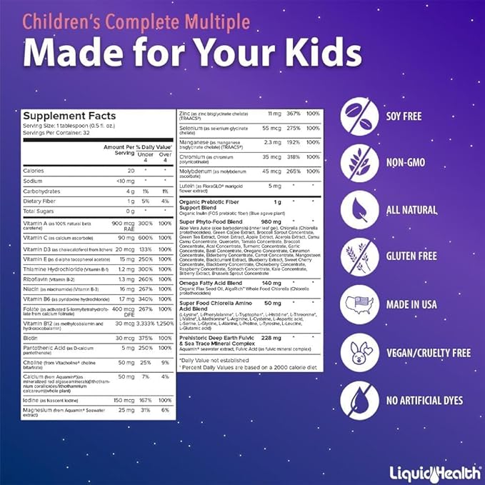 LIQUIDHEALTH 16 Oz Kids Liquid Multivitamin Complete Multiple for Children, Toddlers - Essential Vitamins & Minerals Supplement, Immune Support, Gluten Free, Non GMO, Prebiotic Fiber