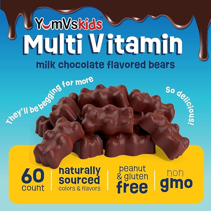 YUM-V'S - Kids Multivitamin Chewable Chocolate Bears - Multivitamin for Kids Supplement - 16 Vitamins & Minerals - Vitamins Including D, Zinc, C, B Complex & More, 60 Count Pack of 2