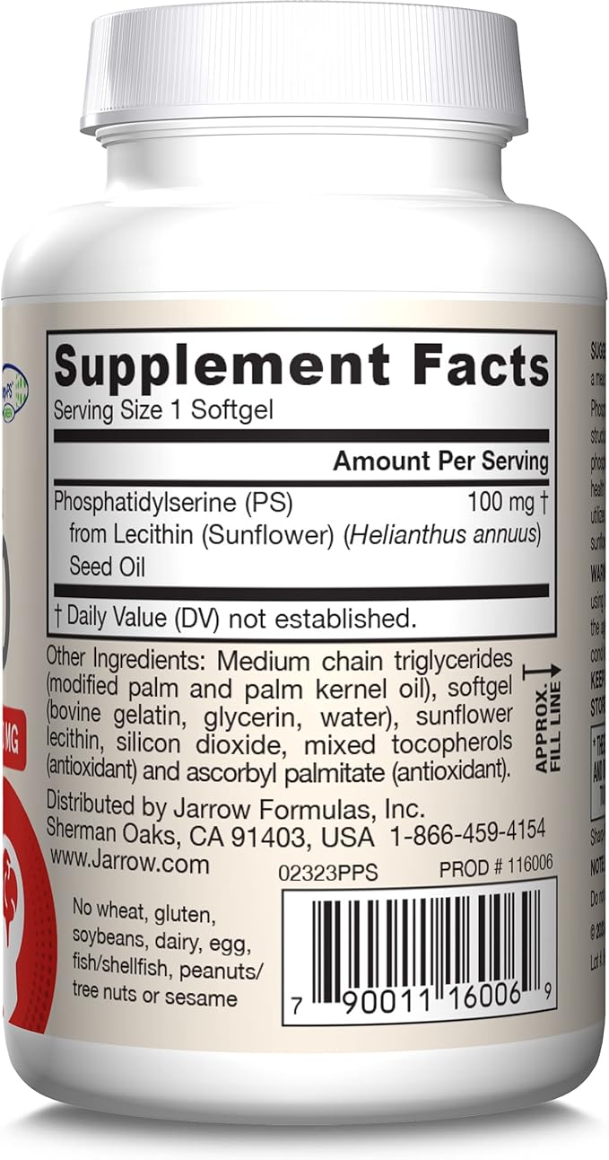 Jarrow Formulas PS100 Phosphatidylserine 100 mg, Dietary Supplement for Brain Health and Cognition Support, 60 Softgels, 20-60 Day Supply, Pack of 12