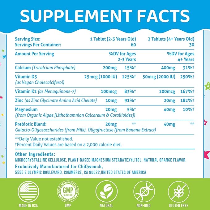 500 MG Calcium Supplement with Vitamin D3 & K2, Zinc, Magnesium & Prebiotics. Kids Vitamins for Kids' Height. Bone Strength, High Absorption, Orange Chewables, Non-GMO, Gluten Free, 120 Tabs