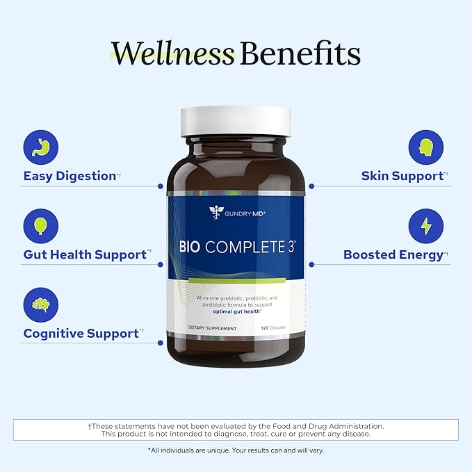 Gundry MD® Bio Complete 3, 3-in-1 Probiotics for Gut Health, Probiotic Supplements for Digestion, Supplement Supporting Bloating, Gas, Food Cravings, Energy Levels, Skin, and Focus, 30 Day Supply