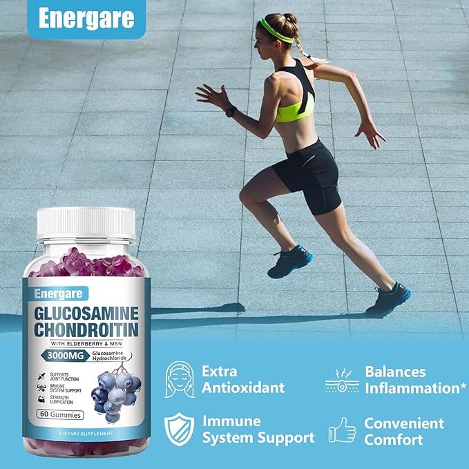 1 Pack 3000mg Glucosamine Chondroitin with MSM Gummies & Elderberry, Extra Strength Joint Support Health, Flexibility, Antioxidant, Immune Supplement Gummy for Adults, Men & Women 60 Counts