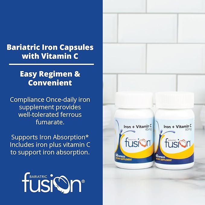 Bariatric Fusion Iron Supplement 45mg with Vitamin C | 1 Per Day | Vitamins for Women and Men | Gluten, Dairy and Soy Free | Non-GMO | 60 Count