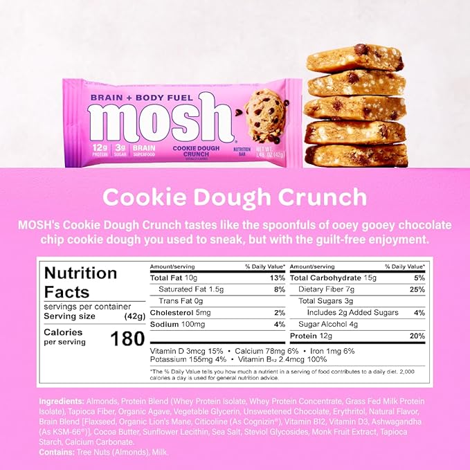 MOSH Cookie Dough Crunch Keto Protein Bars, High Fiber, Low Carb, Gluten Free, High Protein, Brain Healthy Snack, 12 Count