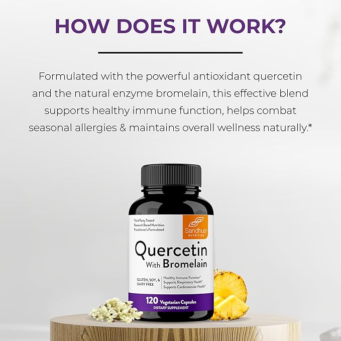 Sandhu's Quercetin with Bromelain 1000mg Per Serving 120 Count (Pack of 2) Vegetarian Capsules Bioflavonoids Supplement Complex Supports Immune, Cardiovascular & Respiratory Health