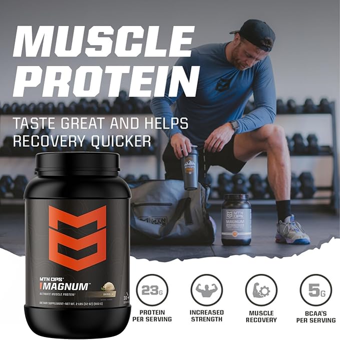 MTN OPS Magnum Strawberry Protein Powder, 23g of Whey Isolate Protein & Milk Protein with BCAAs, Zero Sugar & Gluten Free, Strawberries & Cream, 30-Serving Tub