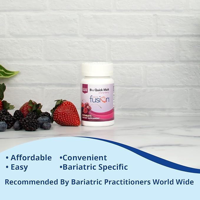 Bariatric Fusion Vitamin B12 Melt | Cherry Berry Flavored Tablets | Dissolves On Your Tongue B 12 Vitamin 1000 mcg and Folic Acid | Vegan B12 Vitamins | Gluten, Dairy & Soy Free | 90 Count