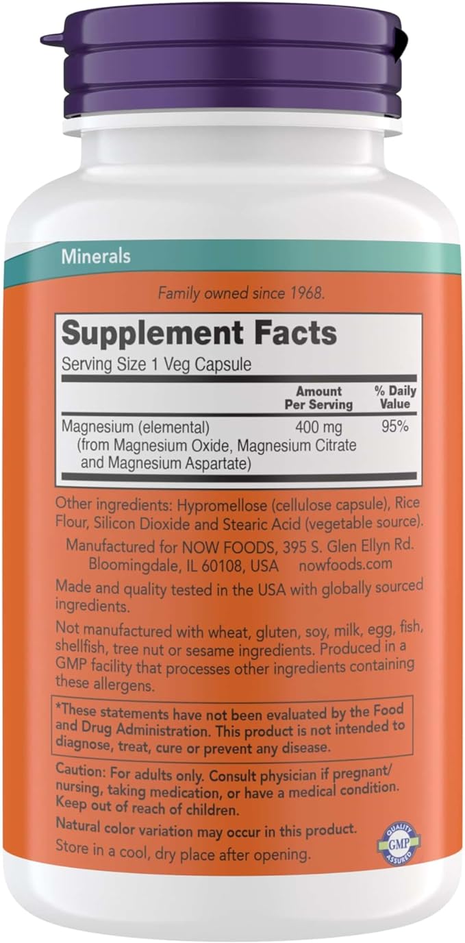 NOW Supplements Magnesium 400mg - Enzyme Function*, Nervous System Support* - Magnesium Supplement for Men and Women, 360 Veg Capsules, Kosher, Vegan, Gluten-Free Magnesium Supplements