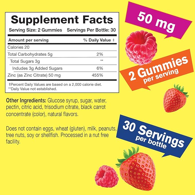 Zinc Gummies 50 mg (2 Pack) - Supports Healthy Immune Function and Antioxidant Health - Natural Berry Flavor - Gluten-Free, GMO-Free - Chewable Gummy Dietary Supplement - 60 Gummies