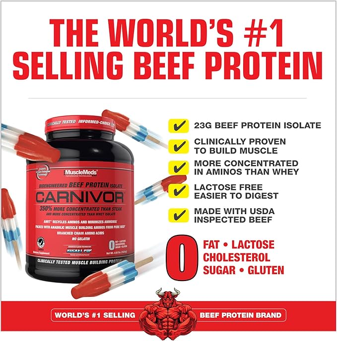 MuscleMeds CARNIVOR Beef Protein Isolate Powder, Muscle Building, Recovery, Lactose Free, Sugar Free, Fat, Free, 23g Protein, Rocket Pop, 56 Servings