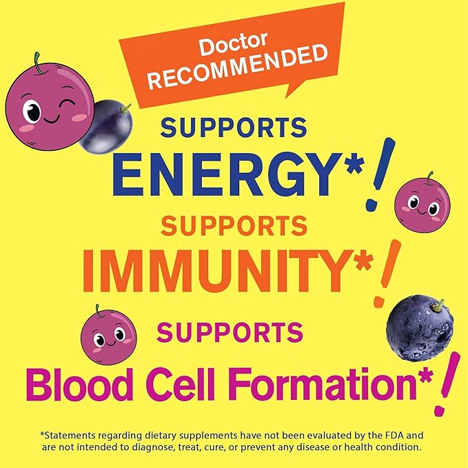 Iron Gummies for Kids with Vitamin C - Anemia Support, Red Blood Cell Formation, Energy, and Immunity Support Gummy, Iron Supplements for Kids - GMO Free, Natural Grape Flavor - 60 Count
