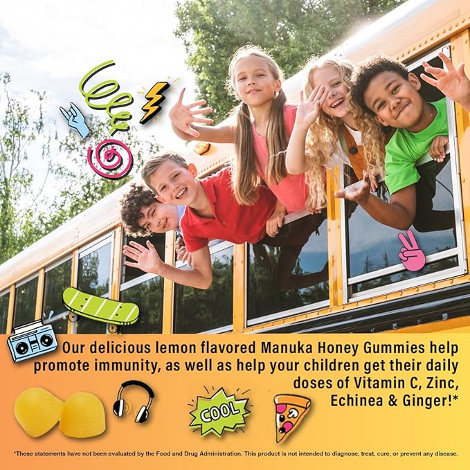 5-in-1 Kid's Immune Support Gummy, Manuka Honey, Vitamin C, Zinc, Echinacea, Ginger, Gummy Supplement, Essential Immune Support Gummies for Daily Use, Natural Citrus Flavored - 60 Count