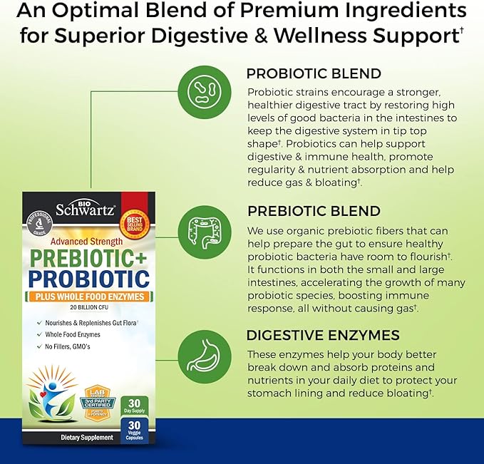 Prebiotics and Probiotic with Whole Food Enzymes for Adults Women & Men - Probiotics Lactobacillus Acidophilus - Digestive Health Capsules Shelf Stable Supplement - Non-GMO Gluten & Dairy Free -30ct