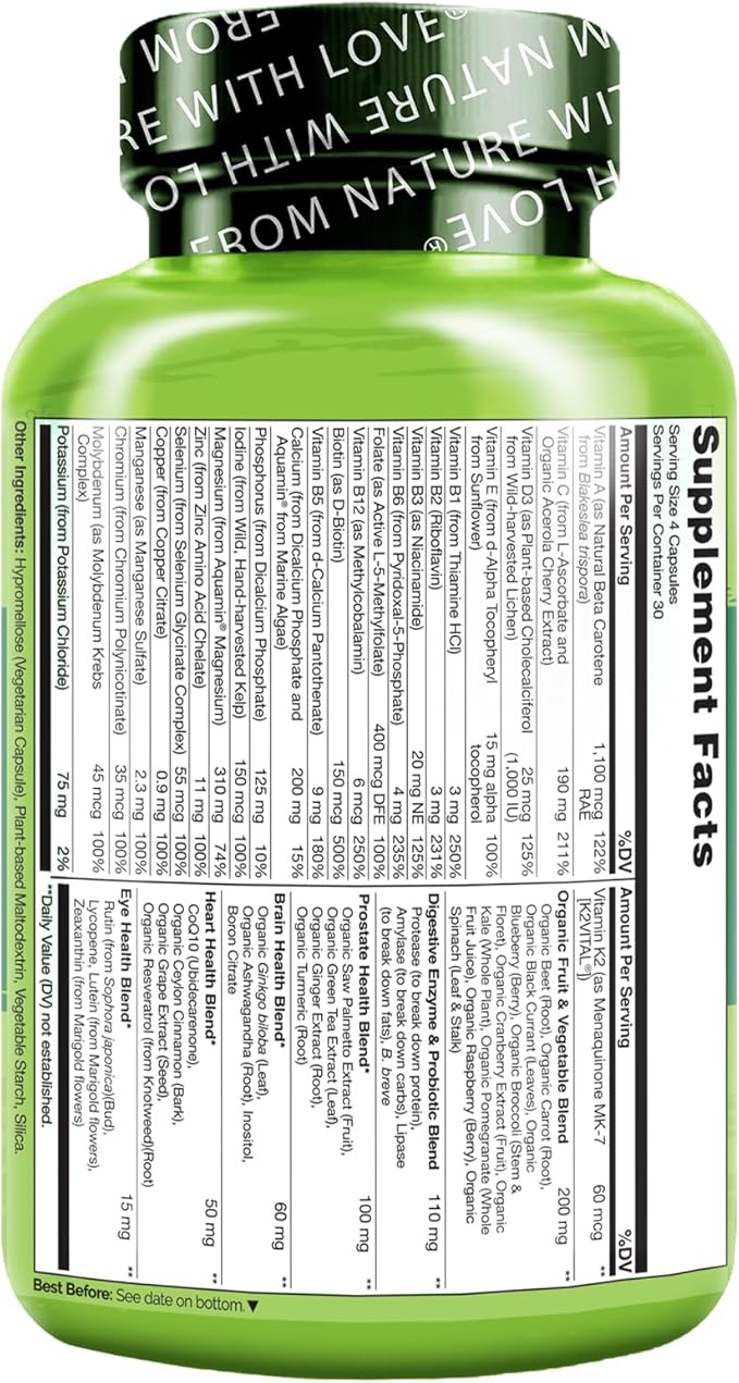 NATURELO Whole Food Multivitamin for Men 50+ - with Vitamins, Minerals, Organic Herbal Extracts - Vegan Vegetarian - for Energy, Brain, Heart and Eye Health - 120 Capsules