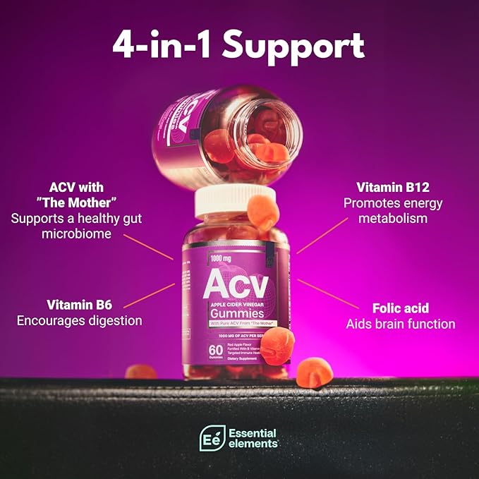 Essential Elements Apple Cider Vinegar Gummies from The Mother - Naturally-Sourced, Vegan ACV with Folic Acid and Vitamin B6 & B12 (2 Pack)