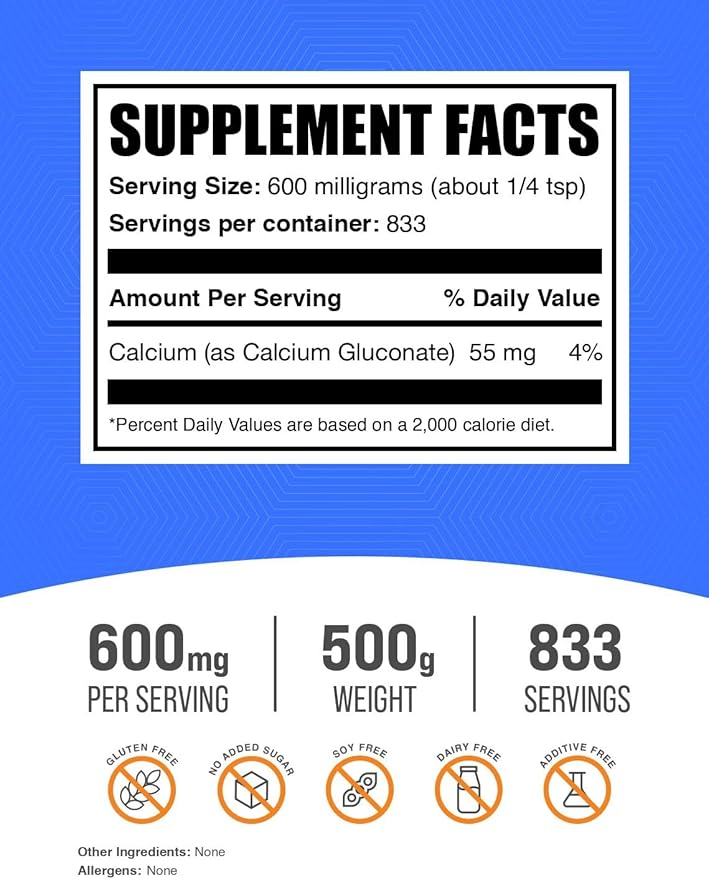 BulkSupplements.com Calcium Gluconate Powder - Calcium Powder Supplement, Calcium Gluconate Supplement - Gluten Free, 600mg (55mg Calcium) per Serving, 500g (1.1 lbs) (Pack of 1)