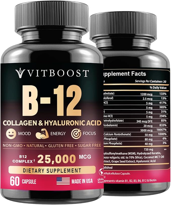B12 with Hyaluronic Acid, Collagen, and Folate – Methylcobalamin 25,000 mcg B1, B2, B3, B6, B7 Complex for Enhanced Absorption & Energy Boost | Gluten-Free, Made in USA - Pack of 3