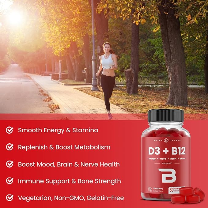 Vitamin D3 & Vitamin B12 | Methyl B12 Gummies for Adults & Kids | Enhanced with Vitamin D 3 & B9 Vitamin Folate | Natural Energy, Mood, Metabolism & Focus | Raspberry | 60 Gummies