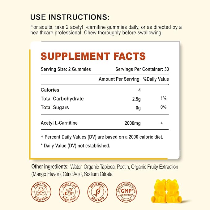 Acetyl L-Carnitine Gummies 2000mg, L-Carnitine Supplement for Promote Fatty Acids Oxidation, Nutrition Supplement for Boost Energy, Immunity & Metabolism, Vegan, Mango Flavor, 60 Count