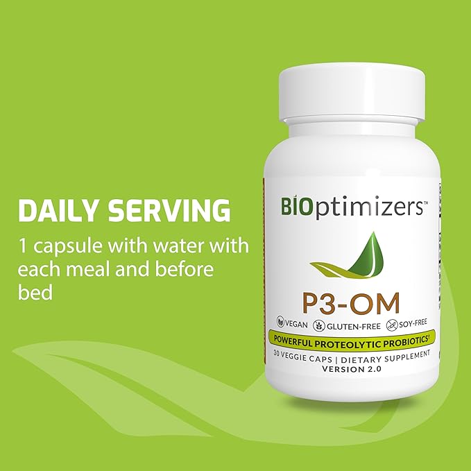 BiOptimizers P3-OM Proteolytic Prebiotics & Probiotics Supplement – Lactobacillus Plantarum for Digestive & Immune Health – Bloating & Gut Relief Support for Men & Women (30 Vegan Capsules)